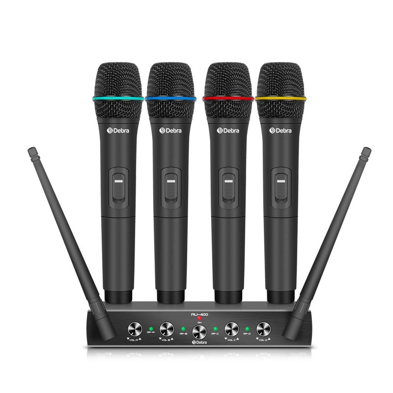 D Debra Debra Audio Pro UHF 4 Channel Wireless Microphone System with Cordless Handheld Lavalier Headset Mics, Metal Receiver, Ideal for Karaoke Church Party (with 4 Handheld (A)) - Image 1